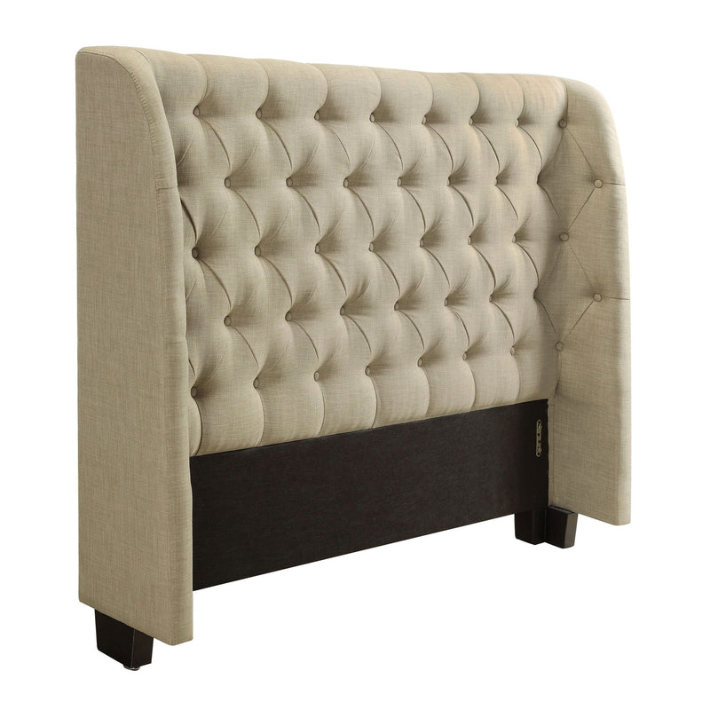 Levi California King-size Wingback Upholstered Headboard in Toast Linen by Modus, featuring a padded, elegant design for bedroom decor.
