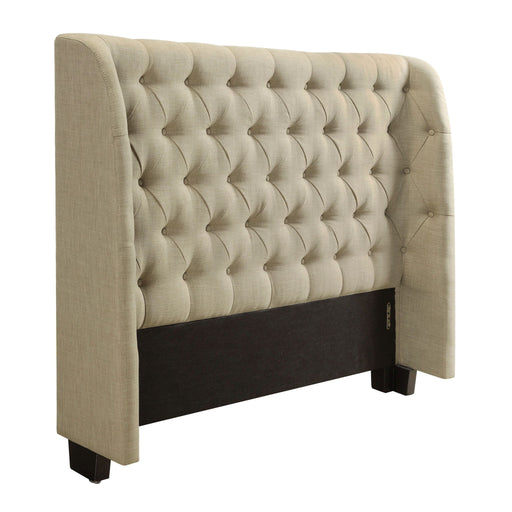 Levi King-size Wingback Upholstered Headboard in Toast Linen by Modus, showcasing plush fabric and elegant design details.