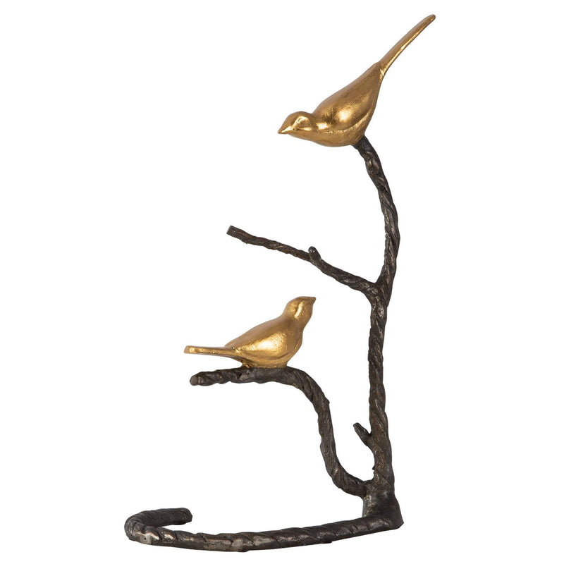 Black and gold "Birds On A Limb" sculpture by Uttermost, featuring detailed birds perched on a textured limb.