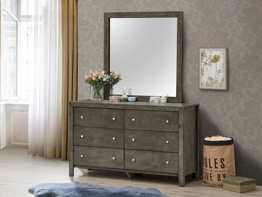 Gray Burlington dresser by Glory Furniture with multiple drawers and sleek modern design, placed in a contemporary bedroom setting.