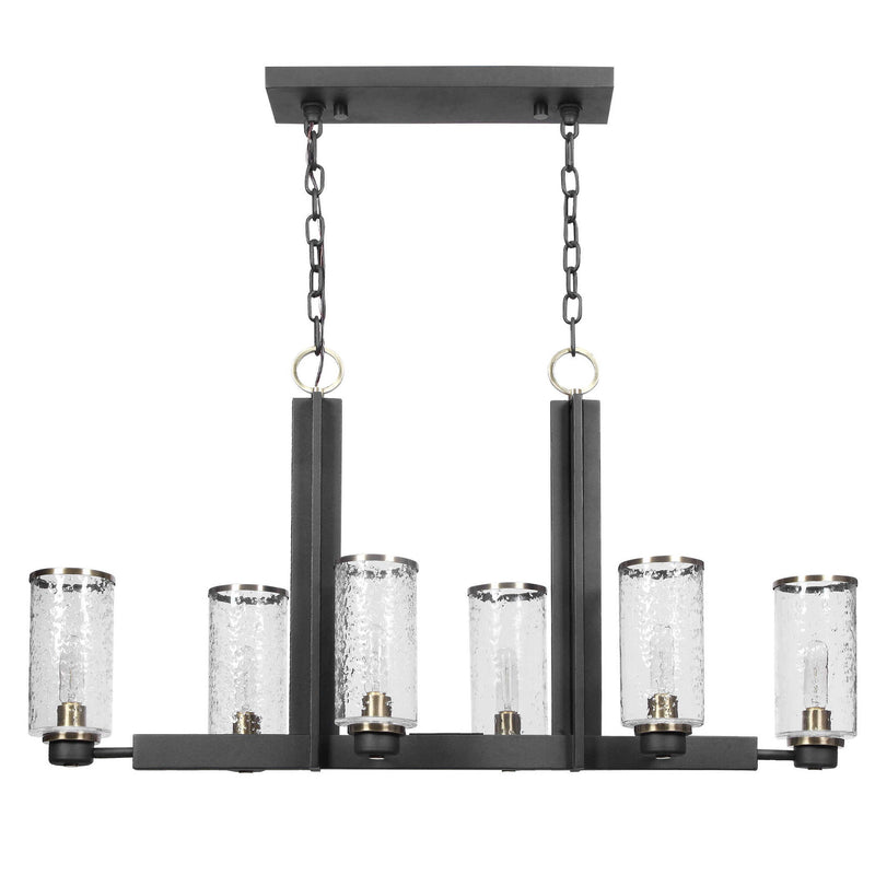 Black Jarsdel 6-light industrial island pendant lighting by Uttermost, featuring a sleek, modern design with metal shades.