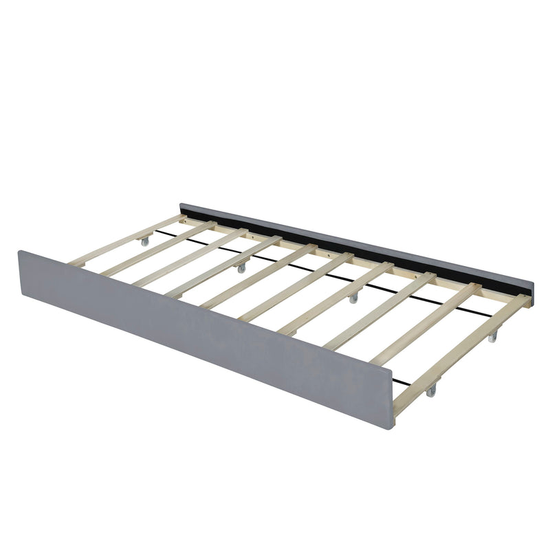 DreamHaus platform upholstered storage bed with two drawers and twin long trundle, showcasing a modern design and soft fabric upholstery.