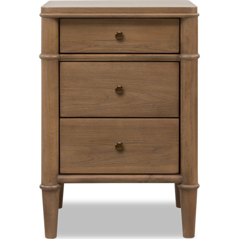 Modus Whitmore 3 Drawer Nightstand with Charging Module showing a modern wooden finish and three spacious drawers.