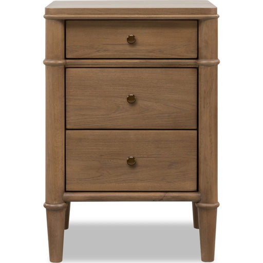 Modus Whitmore 3 Drawer Nightstand with Charging Module showing a modern wooden finish and three spacious drawers.