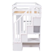 DreamHaus loft bed with built-in storage drawers, stairs with shelves, and a sturdy wooden frame for space-saving bedroom decor.