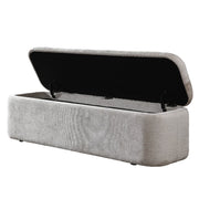 Gray ACME Orane storage bench with cushioned top and wooden legs, ideal for living room or entryway seating and storage.