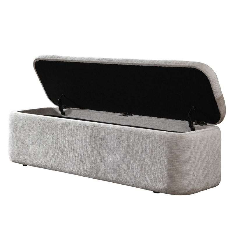 Gray ACME Orane storage bench with cushioned top and wooden legs, ideal for living room or entryway seating and storage.