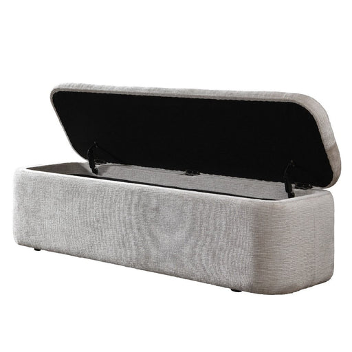 Gray ACME Orane storage bench with cushioned top and wooden legs, ideal for living room or entryway seating and storage.