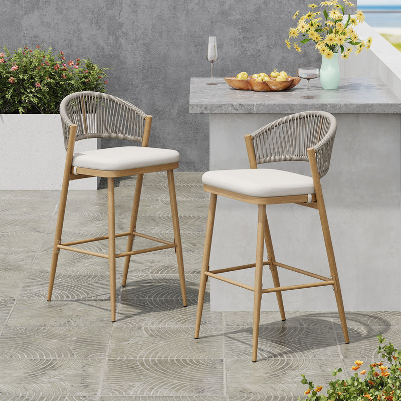 Outdoor Bar Height Metal Frame Counter Stools With Scallop Shaped Backrest & Water Resistant Cushions - R&R Furniture Gallery (Fountain Valley, CA)