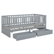DreamHaus storage daybed with fence guardrails, two drawers, and versatile split design for floor bed and daybed use.