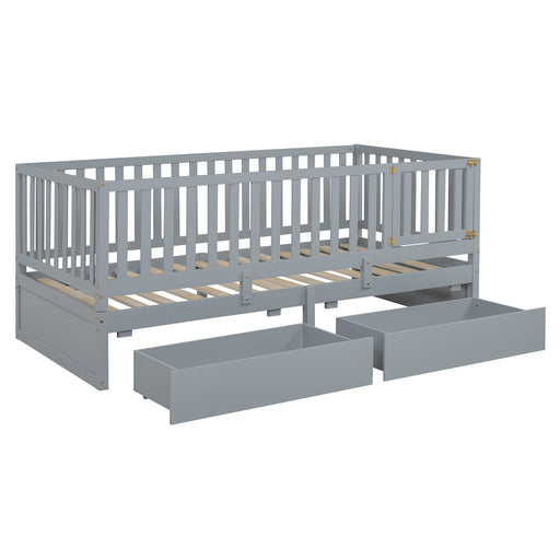 DreamHaus storage daybed with fence guardrails, two drawers, and versatile split design for floor bed and daybed use.