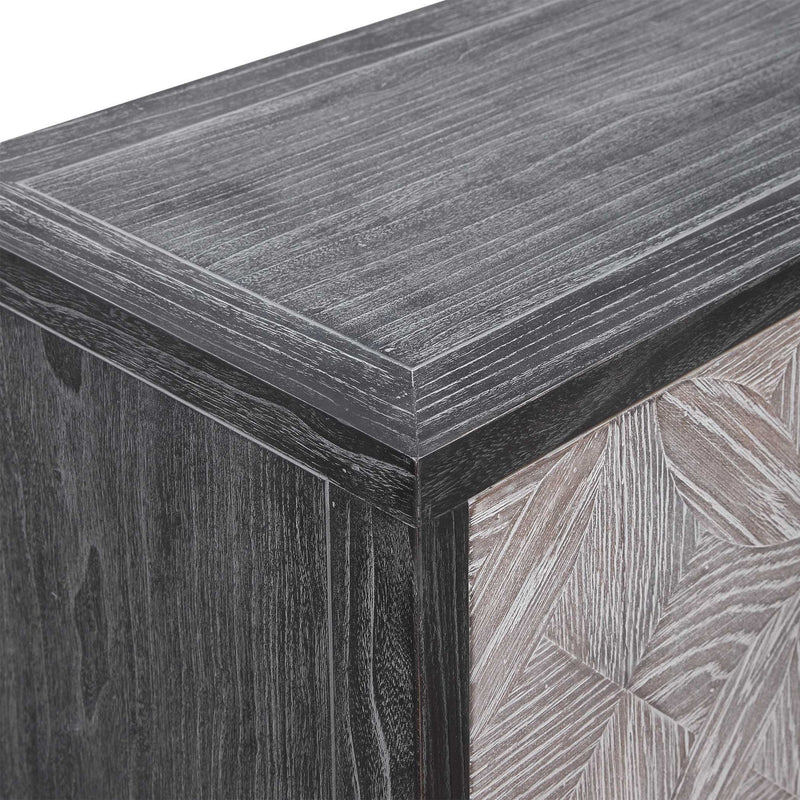 Uttermost Laurentia black and pearl silver 2-door accent cabinet with sleek modern design and decorative hardware.
