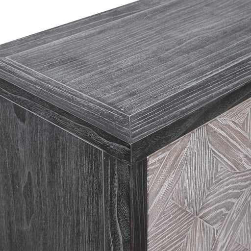 Uttermost Laurentia black and pearl silver 2-door accent cabinet with sleek modern design and decorative hardware.
