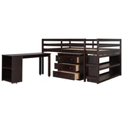 DreamHaus loft low study bed with built-in cabinet, shelves, and rolling desk, showcasing its multifunctional design and compact style.