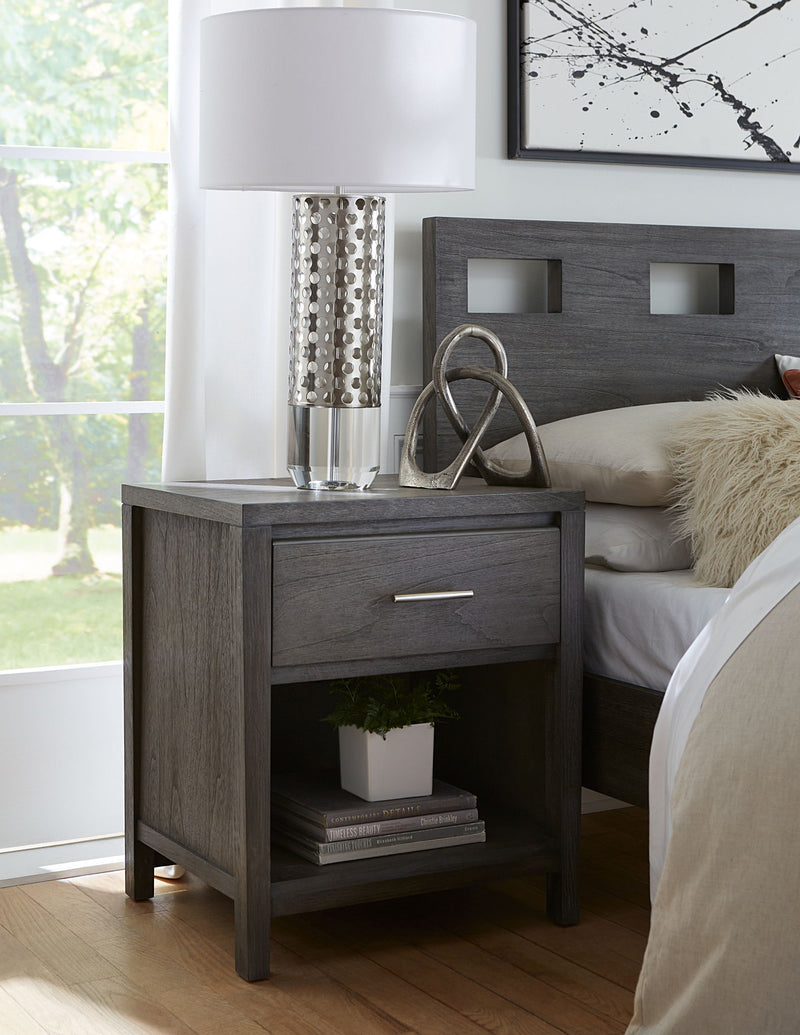 Modus Nevis One Drawer Nightstand in Sharkskin with sleek wood finish and minimalist design, featuring a single drawer for storage.
