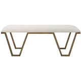 White geometric accent bench by Uttermost with a modern, minimalist design and sleek metal legs.