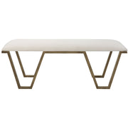 White geometric accent bench by Uttermost with a modern, minimalist design and sleek metal legs.