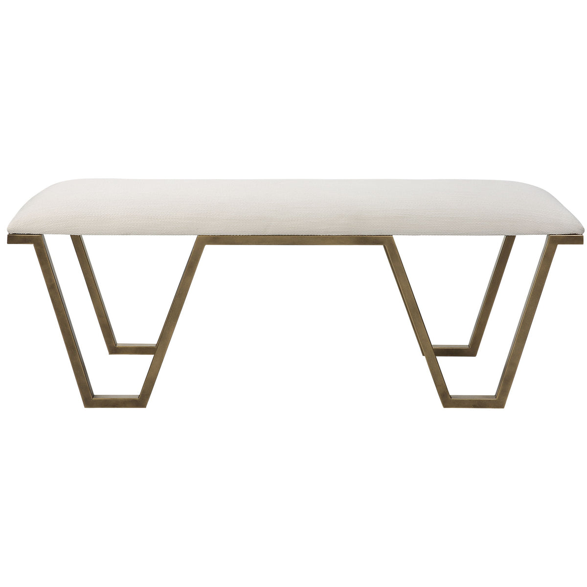 White geometric accent bench by Uttermost with a modern, minimalist design and sleek metal legs.