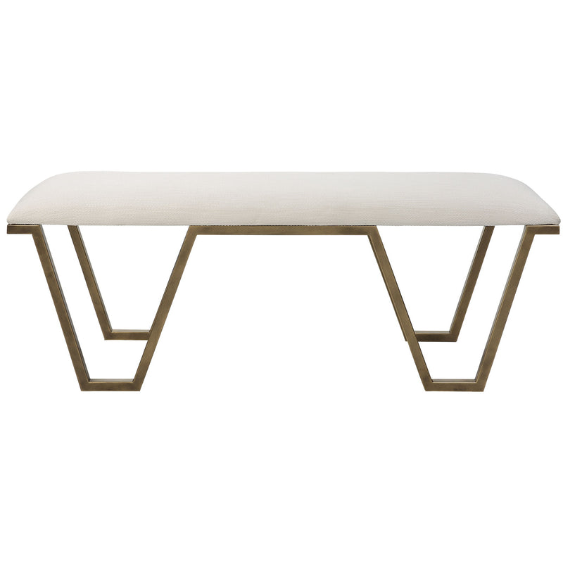 White geometric accent bench by Uttermost with a modern, minimalist design and sleek metal legs.