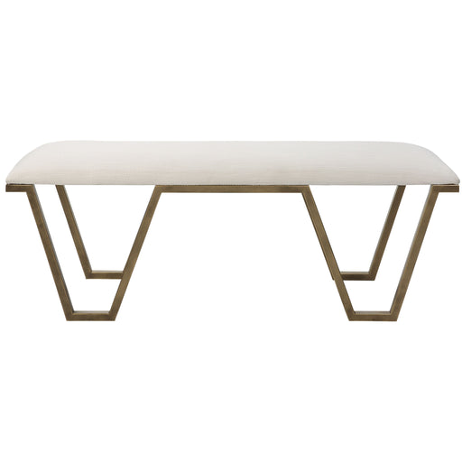 White geometric accent bench by Uttermost with a modern, minimalist design and sleek metal legs.
