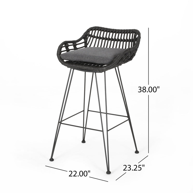Noble House outdoor rattan bar chair with metal legs, part of a stool set, featuring woven rattan seat and sturdy metal frame.