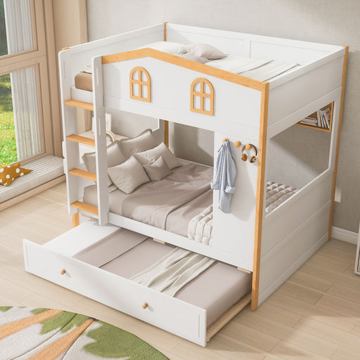 Dreamland full over full bunk bed with built-in storage shelves and trundle in white and natural wood finish.