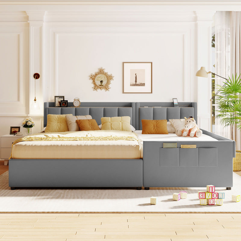 Upholstered Mother & Child Bed With Hydraulic Storage System, Drawer Box, Bedhead Storage Shelf And 2 Pairs Of Sockets & USB Ports - R&R Furniture Gallery (Fountain Valley, CA)