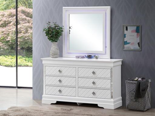 Silver champagne Verona dresser by Glory Furniture with sleek design and modern handles, showcasing storage drawers.