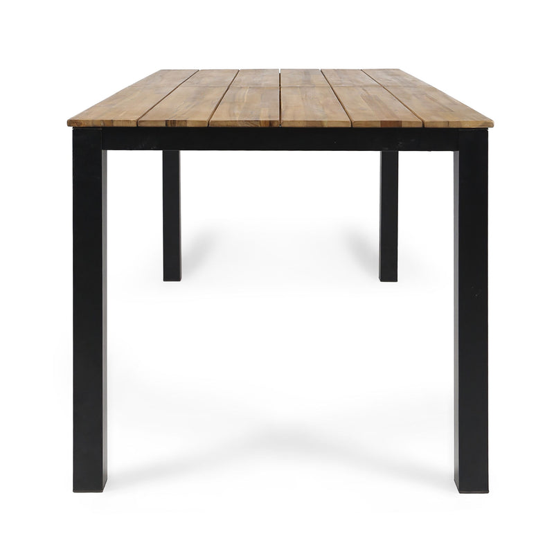 Black rectangular outdoor dining table with iron legs, suitable for patio or garden dining spaces by Noble House.