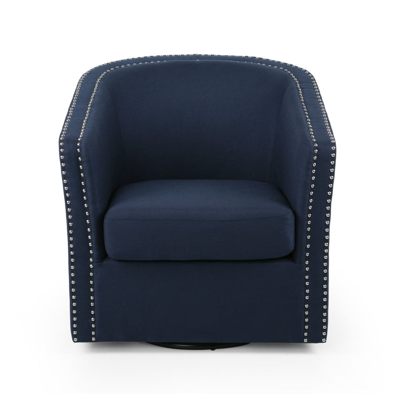 Modern upholstered Noble House swivel club chair with nailhead trim, featuring a plush seat and stylish design.
