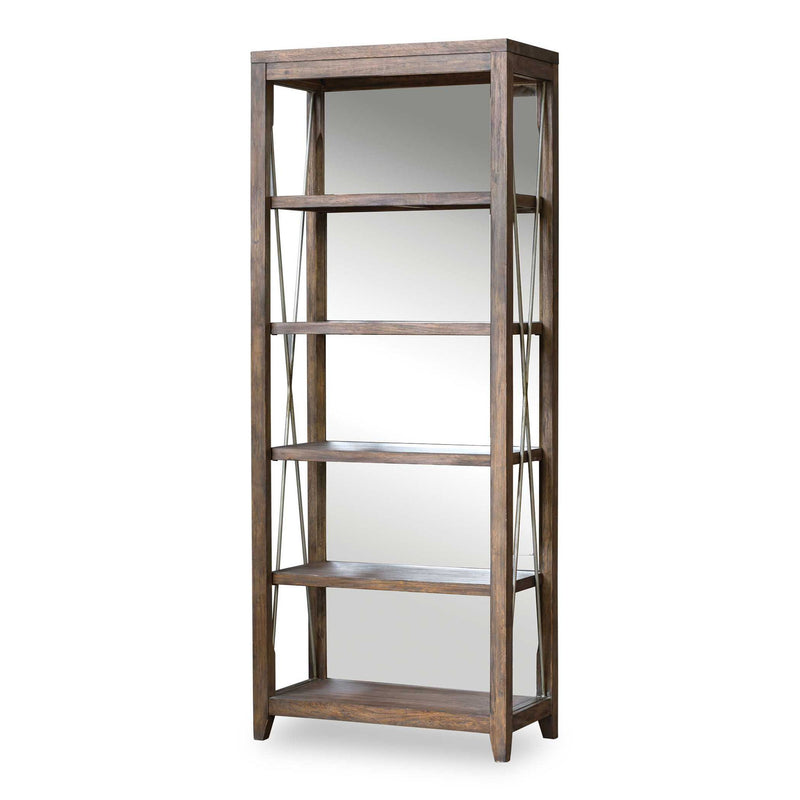 Uttermost Delancey weathered oak etagere in dark brown with multiple shelves and a rustic, textured wood finish.