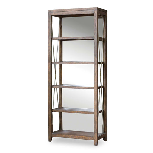 Uttermost Delancey weathered oak etagere in dark brown with multiple shelves and a rustic, textured wood finish.