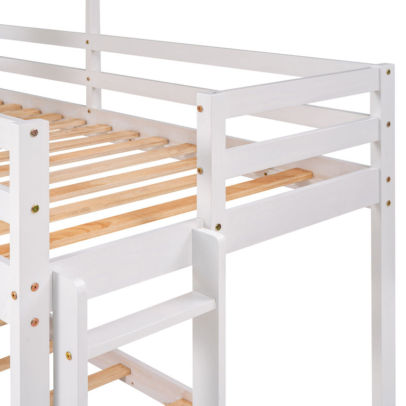Wood bunk bed by DreamHaus with roof, window, guardrail, and ladder, showcasing a sturdy multi-level sleeping structure.