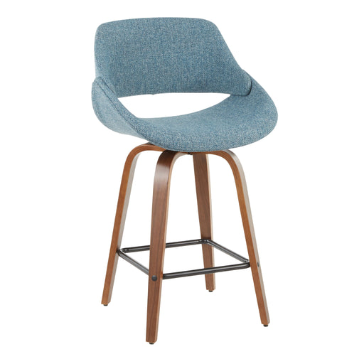 Set of two Fabrico mid-century modern counter stools by Lumi Source with walnut wood legs and blue upholstered seats.