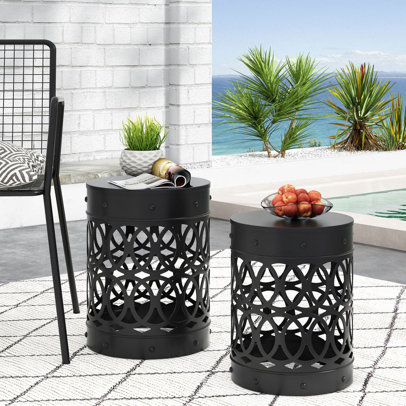 Set of two Noble House Delight powder-coated iron end tables with sleek, modern design, perfect for living room decor.