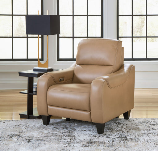 Ashley Mosswell power recliner with adjustable headrest in toffee, featuring plush upholstery and modern reclining design.