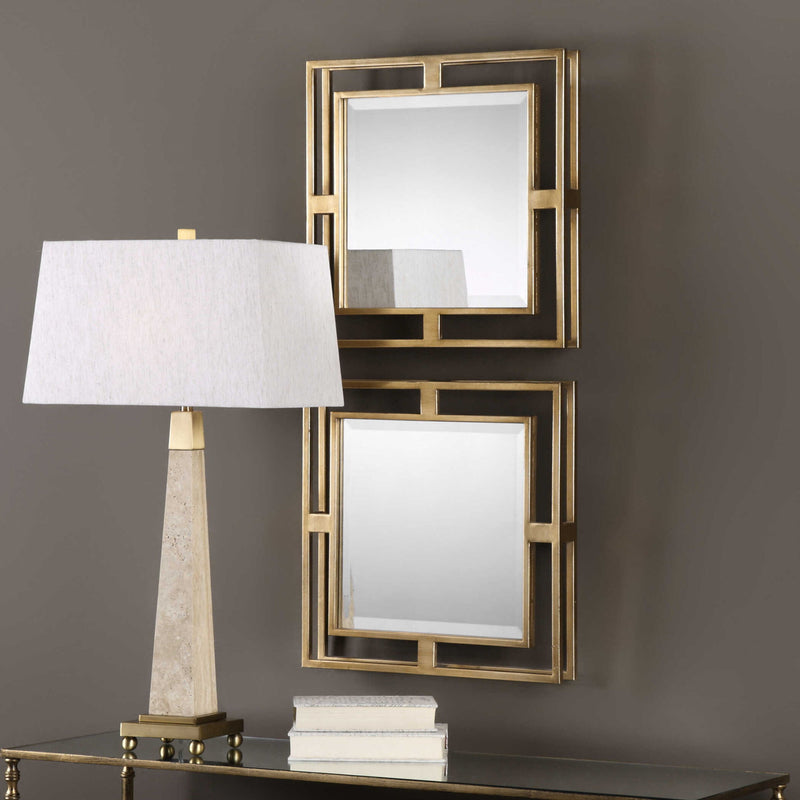 Pair of gold square wall mirrors from the Allick set by Uttermost, featuring sleek geometric design and modern decor style.