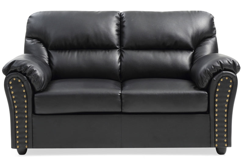 Black padded reclining love seat by Glory Furniture, modern living room loveseat with plush cushions and sleek design.