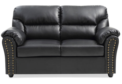 Black padded reclining love seat by Glory Furniture, modern living room loveseat with plush cushions and sleek design.