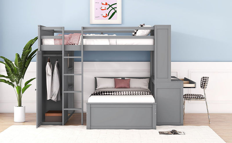 DreamHaus loft bed with twin standalone bed, shelves, desk, and wardrobe, showcasing the multi-functional bedroom furniture.