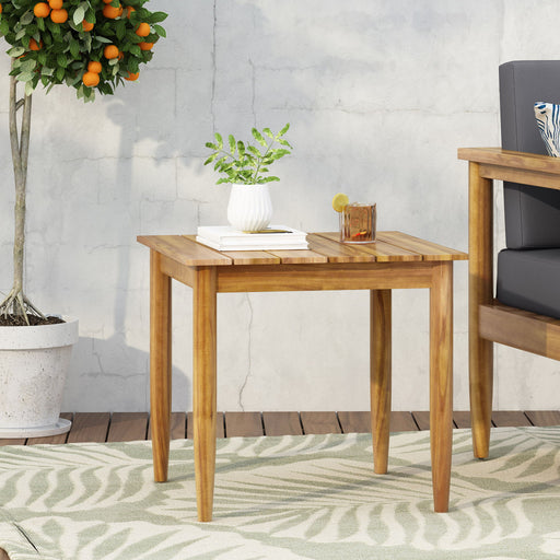 Outdoor square side table with slatted teak top and wood frame by Noble House, perfect for patio or garden decor.