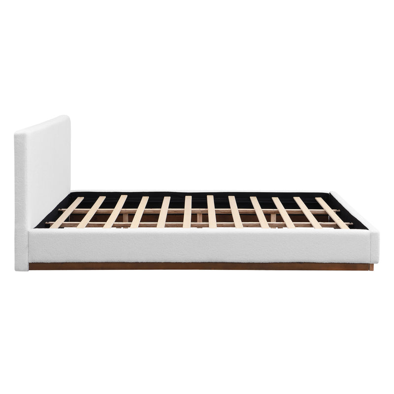 Elegant Noble House boucle upholstered bed with wood grain textured solid wood base frame, showcasing plush fabric and sturdy construction.