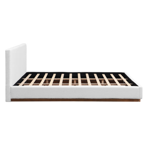 Elegant Noble House boucle upholstered bed with wood grain textured solid wood base frame, showcasing plush fabric and sturdy construction.
