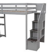 DreamHaus loft bed with built-in storage drawers, stairs with shelves, and a sturdy wooden frame for space-saving bedroom furniture.