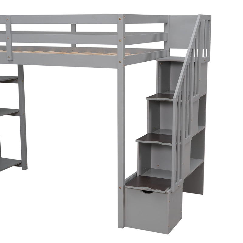 DreamHaus loft bed with built-in storage drawers, stairs with shelves, and a sturdy wooden frame for space-saving bedroom furniture.