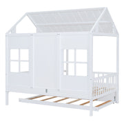 DreamHaus house bed with twin size trundle and daybed, featuring cozy design and wooden frame for children's bedroom.