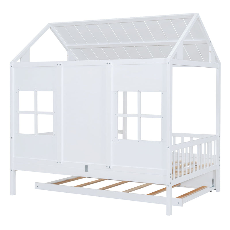 DreamHaus house bed with twin size trundle and daybed, featuring cozy design and wooden frame for children's bedroom.
