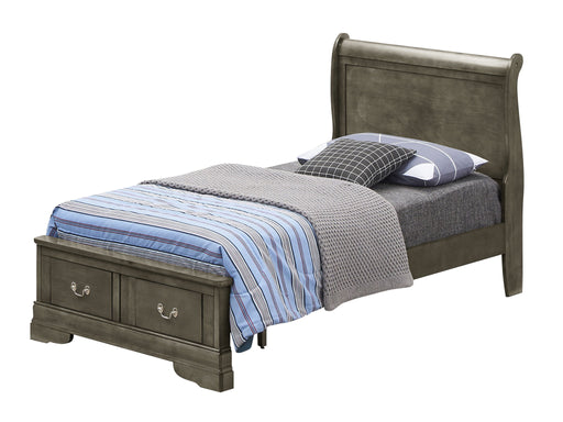 Glory Furniture upholstered panel sleigh bed with storage drawers in a classic design, shown in a cozy bedroom setting.