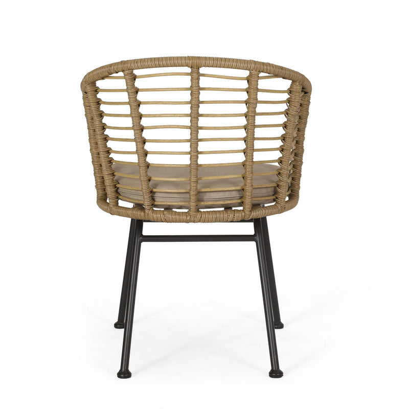 Noble House Randy modern wicker arm chair with water-resistant beige cushions, brown wicker frame, outdoor furniture style