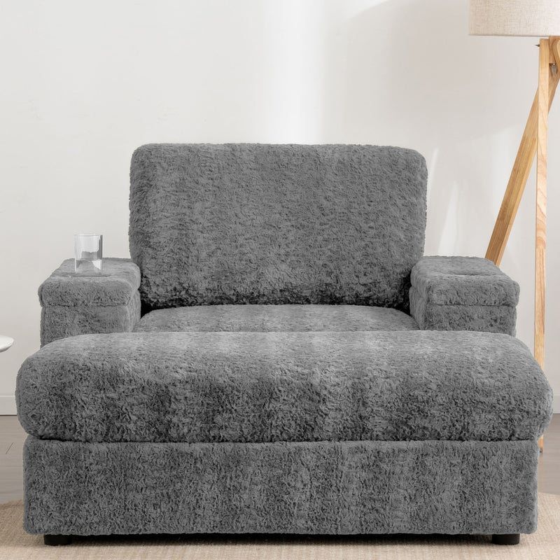 Oversized Chaise Lounge Indoor Rabbit Fur Sofa Bed With Storage Ottoman And Armrests Cup Holders With Deep Seat - R&R Furniture Gallery (Fountain Valley, CA)